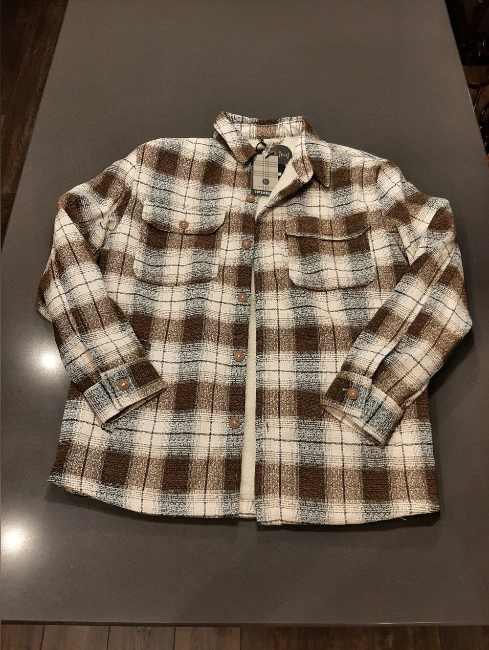 Ember & Stone Sherpa Lined Plaid Shacket Jacket Camel Ivory L NWT